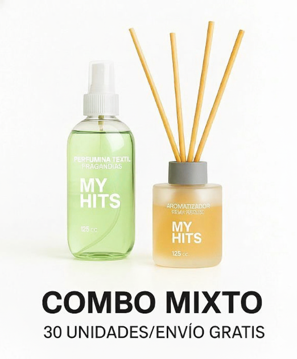 Combo Mixto 30 Unidades (15 Perfuminas Spray 250cc + 15 Difusores 125cc My Hits)