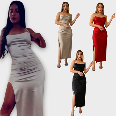 Vestido largo satén escote buche