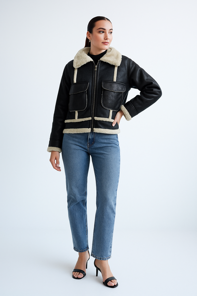 Campera tipo cuero con corderito 