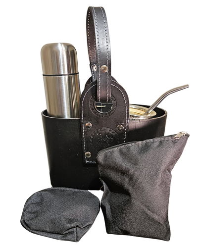 COMBO COMPLETO NEGRO mate imperial + Canasta Cuero + Yerbero y Azucarero + Termo Bala + Bo