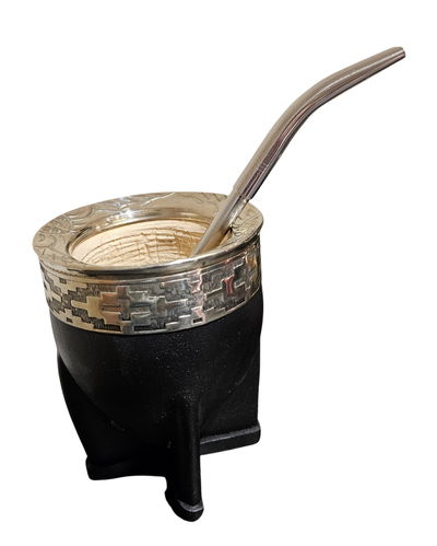 Mate imperial guarda cincelada - cuero negro - interior calabaza + Bombilla
