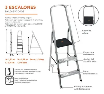 Escalera aluminio  3 Escalones 150 Kgrs