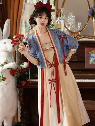 Hanfu moderno 2 piezas celeste y rojo 