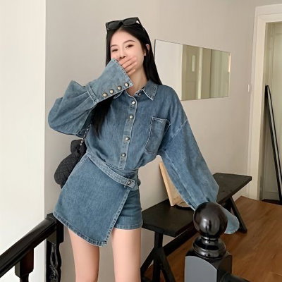 Conjunto jeans camisa + falda short 