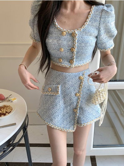 Conjunto clásico 2 piezas saquito + short celeste 