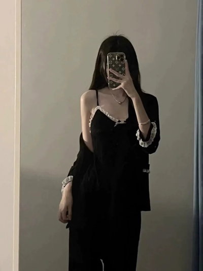 Pijama 3 piezas larga negra con volados