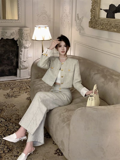 Conjunto 2 piezas | saco + pantalón sastrero estilo Chanel dorado 