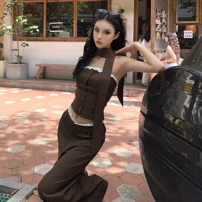 Conjunto Bufanda + Top + pantalón sastrero con encaje 
