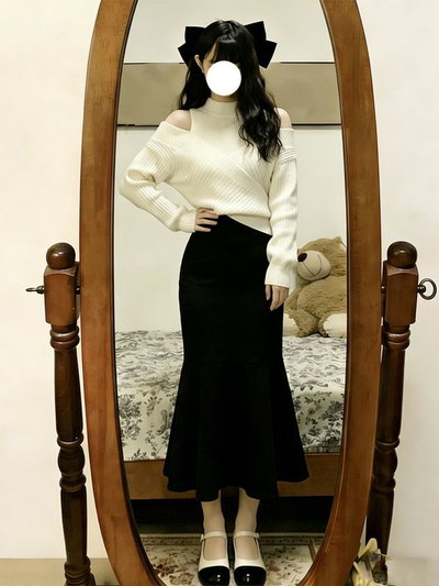 Conjunto 2 piezas buzo cuello alto + maxifalda corte sirena 