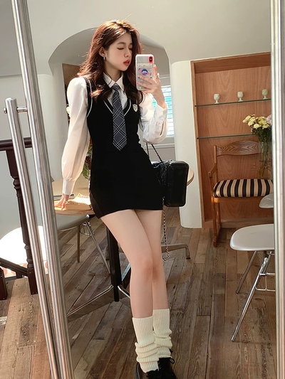 Conjunto | camisa+vestido chaleco corto colegial