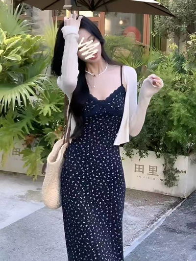 Conjunto vestido largo mas saco negro（ 黑色外套！）