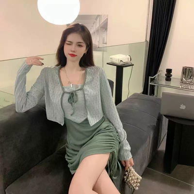 Conjunto de vestido mas saco verde agua