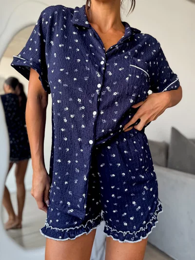 Pijama Camisero Azul Volados