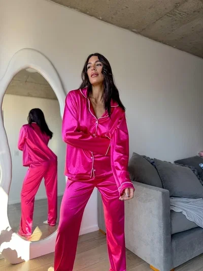 Pijama Camisero Saten Fucsia