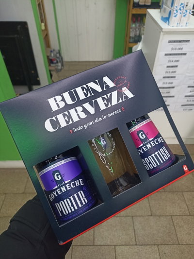Gift pack cerveza Goyeneche "Buena Cerveza" (2 Porrones + 1 Vaso)