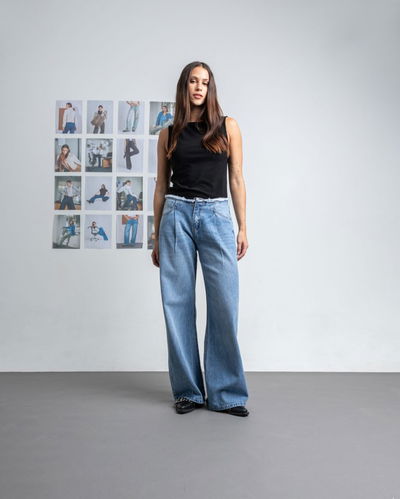 Pantalón Jean Wide Leg Halsey Celeste Rigido 