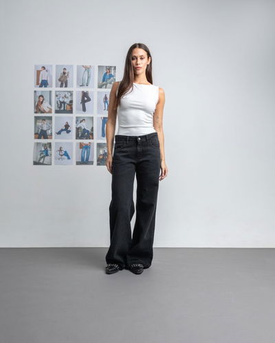  Pantalón Jean Wide Leg Demi Negro Gastado Rigido 