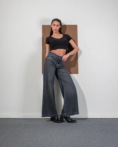 Pantalón Jean Palazzo Analis Negro Gastado Rigido 