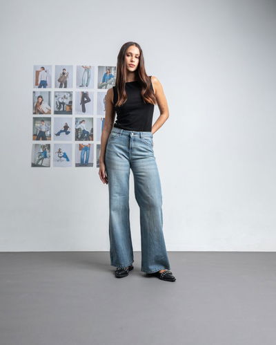 Pantalón Jean Wide Leg Rosalia Azul Rigido