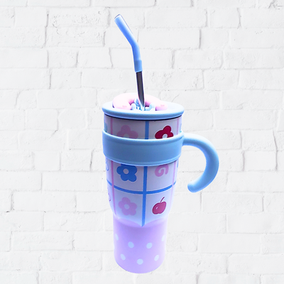 Vaso quencher acero-  Celeste rosa flores cereza