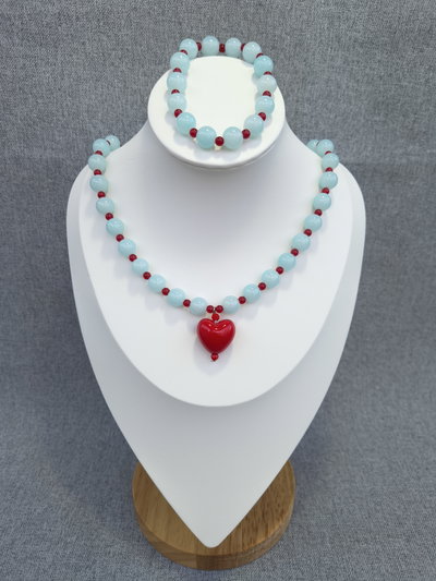 Collar Corazón Vidrio aqua + pulsera 