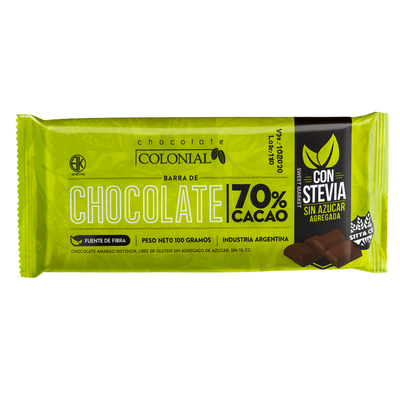 CHOCOLATE 70% CACAO CON STEVIA 1 UNID X 100 GR