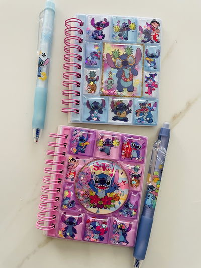 ANOTADOR STITCH GLITTER CON STICKERS + BIROME