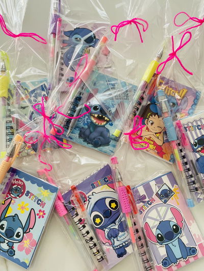 ANOTADOR STITCH SURTIDO + BIROME ARCOÍRIS + BIROME EN BOLSITAS INDIVIDUALES X10