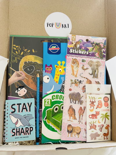KIT ANIMALES ANOTADOR + STICKERS + TATOOS + LAPIZ + GOMA + SCRATCH + PUZZEL 3D
