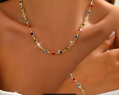 Conjunto Pulsera Collar Zirconia Multicolor Acero Dorado - 800018