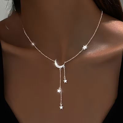 Collar Corbatero Luna Estrella Strass Acero Quirúrgico - 700758