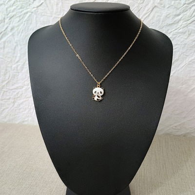 Collar 42 + 5 cm Espejo 0,4 mm Esmaltado Panda Blanco Negro Acero Dorado - 700084