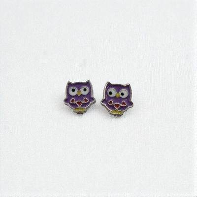 Aros Esmaltado Búho Violeta Corazón Rojo 9 mm Acero Quirúrgico - 200228