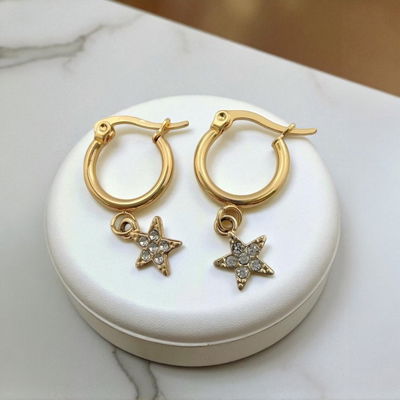 Aros Argolla 11,5 mm Estrella Strass Acero Dorado - 200150