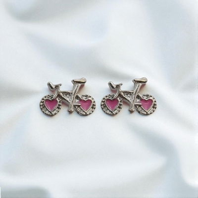 Aros Esmaltado Bicicleta Corazón Fucsia 13 mm x 9 mm Acero Quirúrgico - 200182