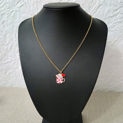 Collar 50 + 5 cm Espejo 0,6 mm Esmaltado Gato Blanco Taza Rosa Acero Dorado - 700070