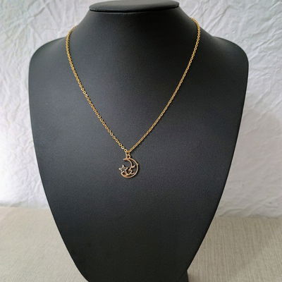 Collar 45 + 5 cm Espejo 0,5 mm Esmaltado Luna 16 mm Estrella Negro Acero Dorado - 700075
