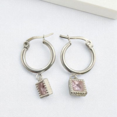 Aros Argolla 11 mm Dije Rectangular Rosa Acero Blanco - 200145
