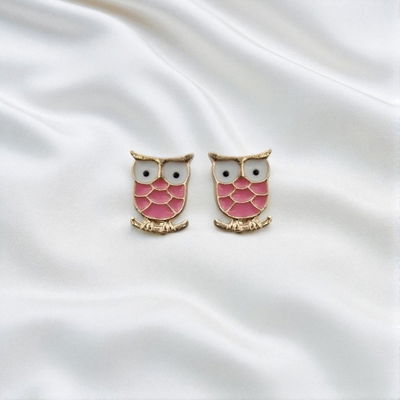 Aros Esmaltado Búho Fucsia 9 mm x 12 mm Acero Dorado - 200181