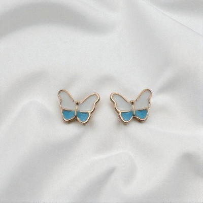 Aros Esmaltado Mariposa Celeste Blanco 12 mm x 9 mm Acero Dorado - 200201