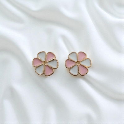 Aros Esmaltado Flor Rosa Blanco 10 mm Acero Dorado - 200184
