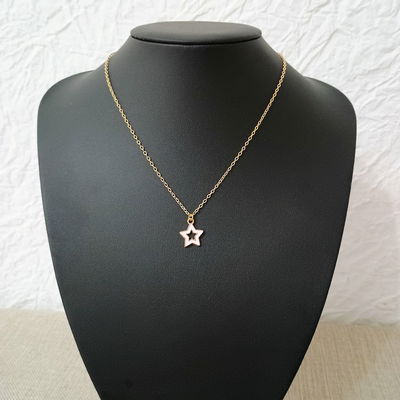 Collar 42 + 5 cm Espejo 0,4 mm Esmaltado Estrella Rosa 13 mm Acero Dorado - 700067