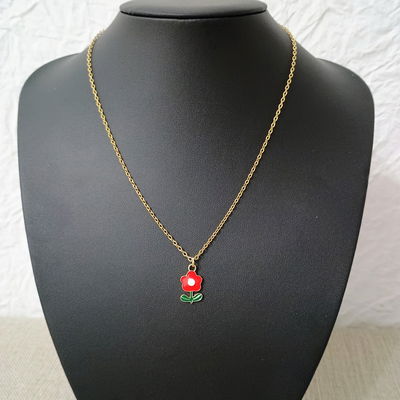 Collar 50 cm Espejo 0,5 mm Esmaltado Flor Rojo Blanco Hojas Verde Acero Dorado - 700086
