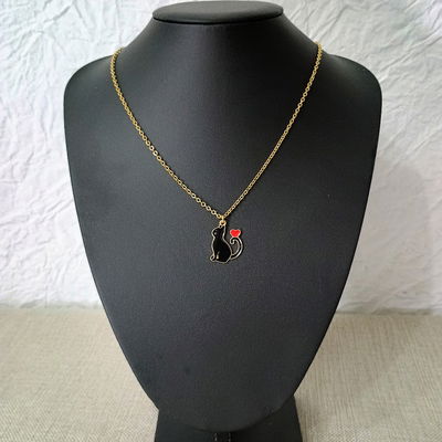Collar 50 + 5 cm Espejo 0,6 mm Esmaltado Gato Negro 18 mm x 24 mm Acero Dorado - 700073