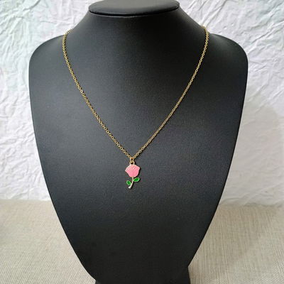 Collar 50 + 5 cm Espejo 0,5 mm Esmaltado Flor Fucsia 12 mm x 22 mm Acero Dorado - 700079