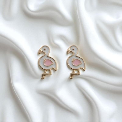 Aros Esmaltado Flamenco Rosa  Blanco 7 mm x 13 mm Acero Dorado - 200189