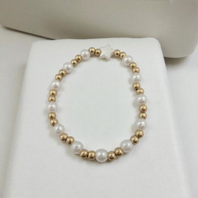 Pulsera 50 mm Elastizada Perlas Estrella Acero Dorado - 500046