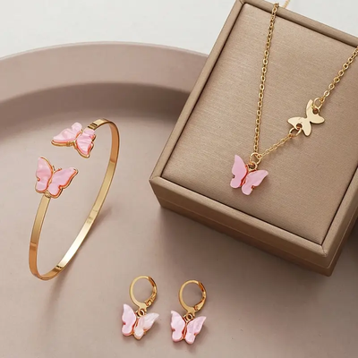 Conjunto Aros Pulsera Collar Mariposa Nacar Rosa Acero Dorado - 800015