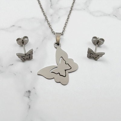 Conjunto Aros Collar 45 cm Mariposa Acero Quirúrgico - 800026