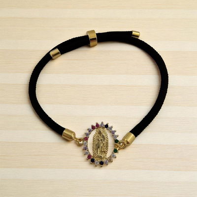Pulsera Regulable Virgen Cordón Negro Enchapado en Oro - 500162